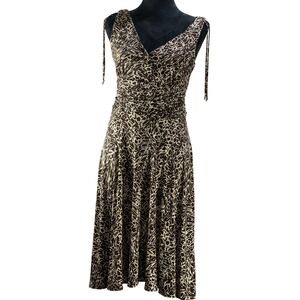 Ruched V Neck Midi Dress Animal Print Size 6 junglelicious chocolate brown cream